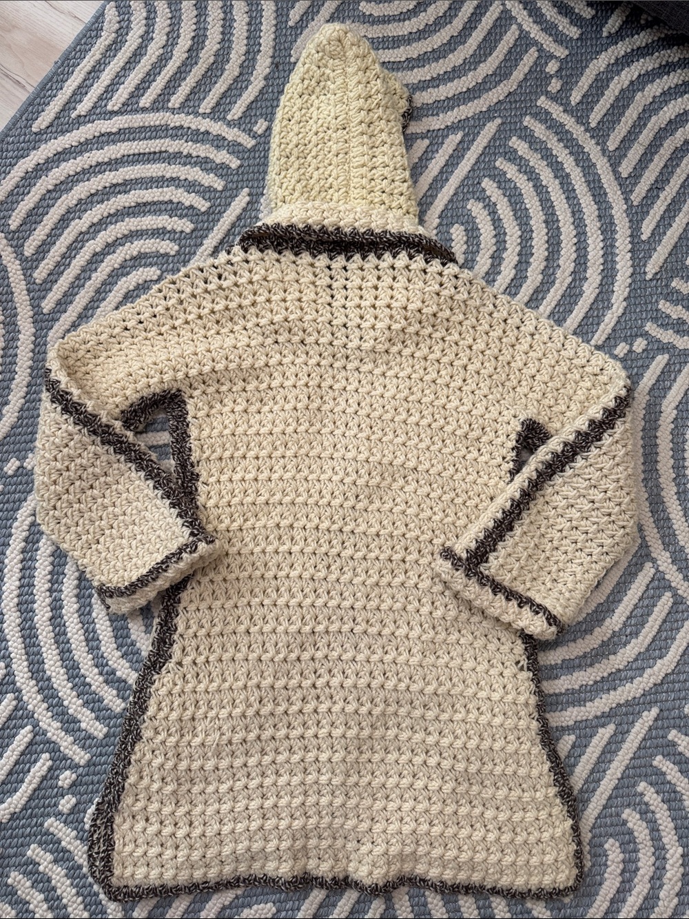 Vintage Handmade Crochet Hooded Longline Cardigan Sweater Cream Brown Boho - Picture 2 of 6